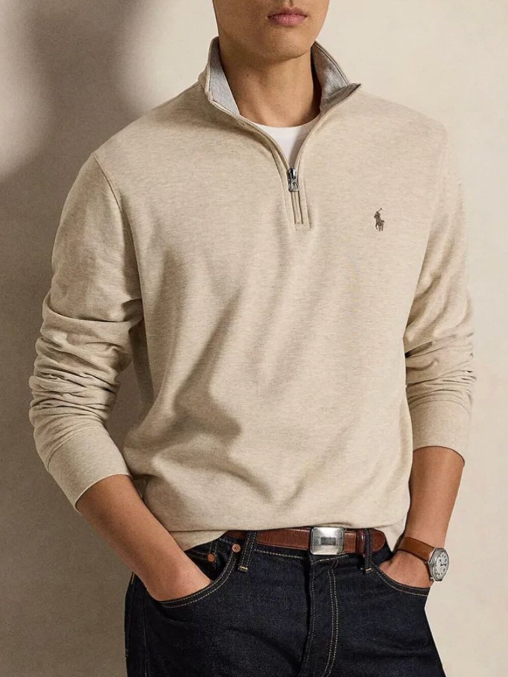 Polo Ralph Lauren Luxury Jersey 1/4 Zip Pullover Beige Medium